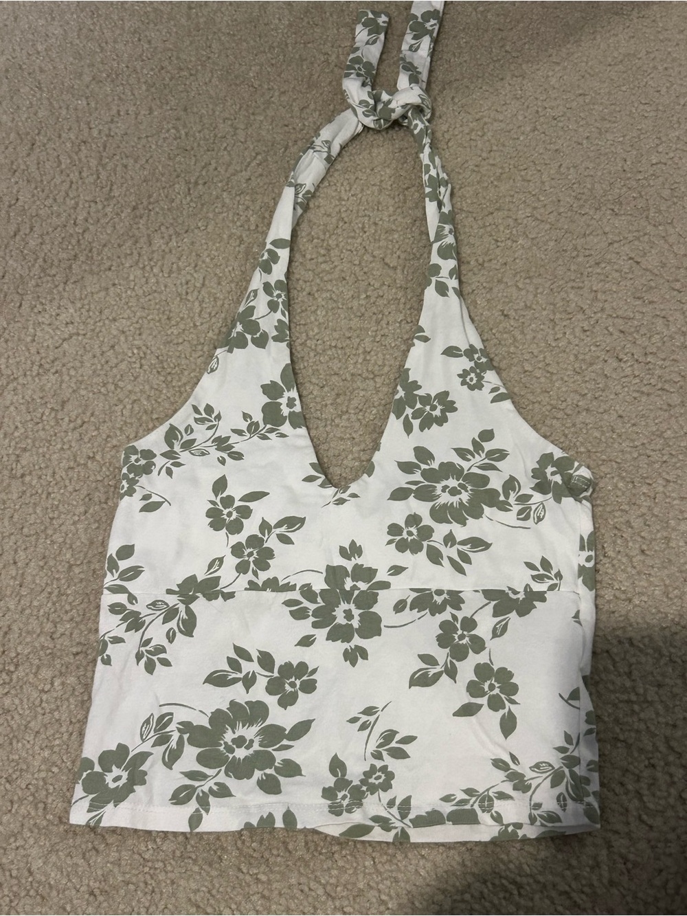 Hollister White Halter Top with Olive Floral Print